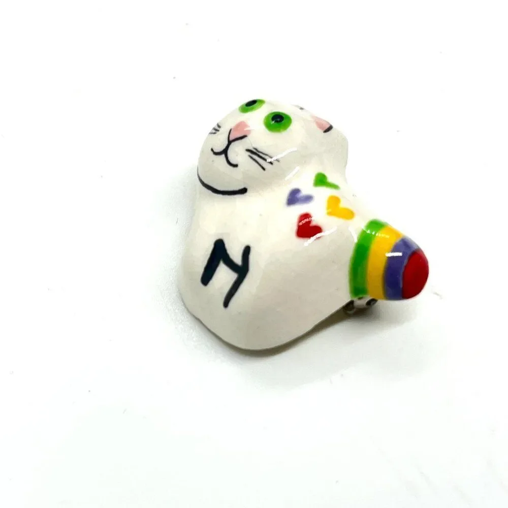 VINTAGE CAT BROOCH Ceramic Hand Painted Rainbow Hearts Folk Art Whimsical